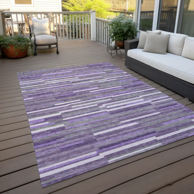 5' X 8' Purple And Gray Striped Washable Indoor Outdoor Area Rug