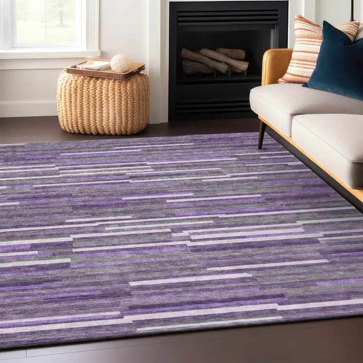 5' X 8' Purple And Gray Striped Washable Indoor Outdoor Area Rug