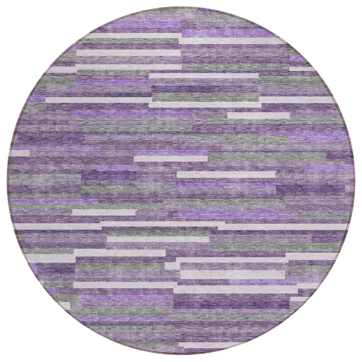 8' Purple And Gray Round Striped Washable Indoor Outdoor Area Rug