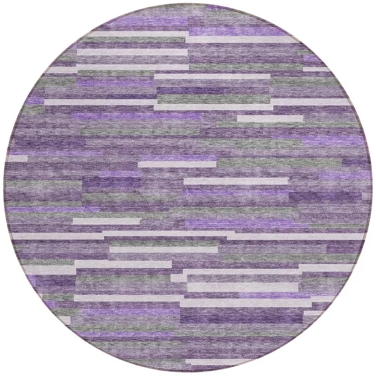 8' Purple And Gray Round Striped Washable Indoor Outdoor Area Rug