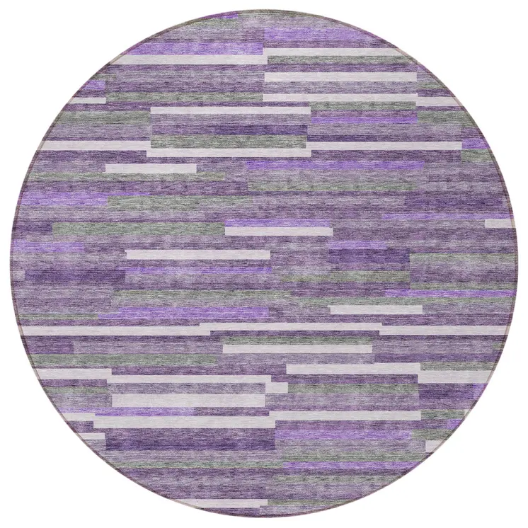 8' Purple And Gray Round Striped Washable Indoor Outdoor Area Rug