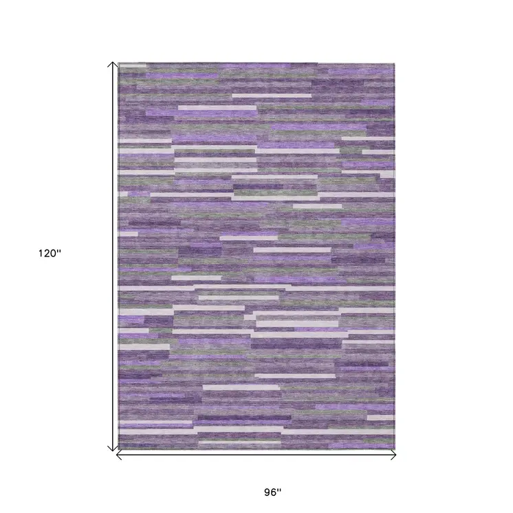 8' X 10' Purple And Gray Striped Washable Indoor Outdoor Area Rug