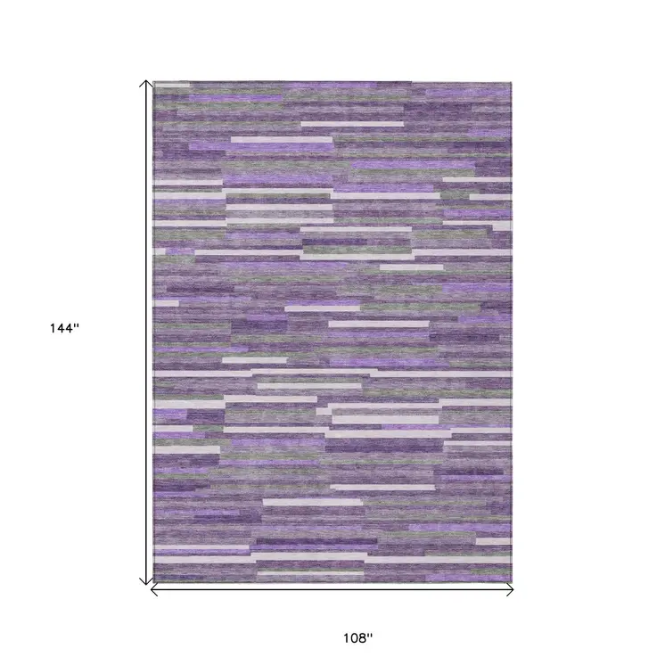 9' X 12' Purple And Gray Striped Washable Indoor Outdoor Area Rug