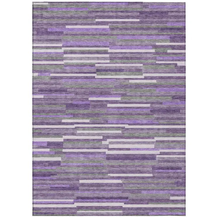 9' X 12' Purple And Gray Striped Washable Indoor Outdoor Area Rug