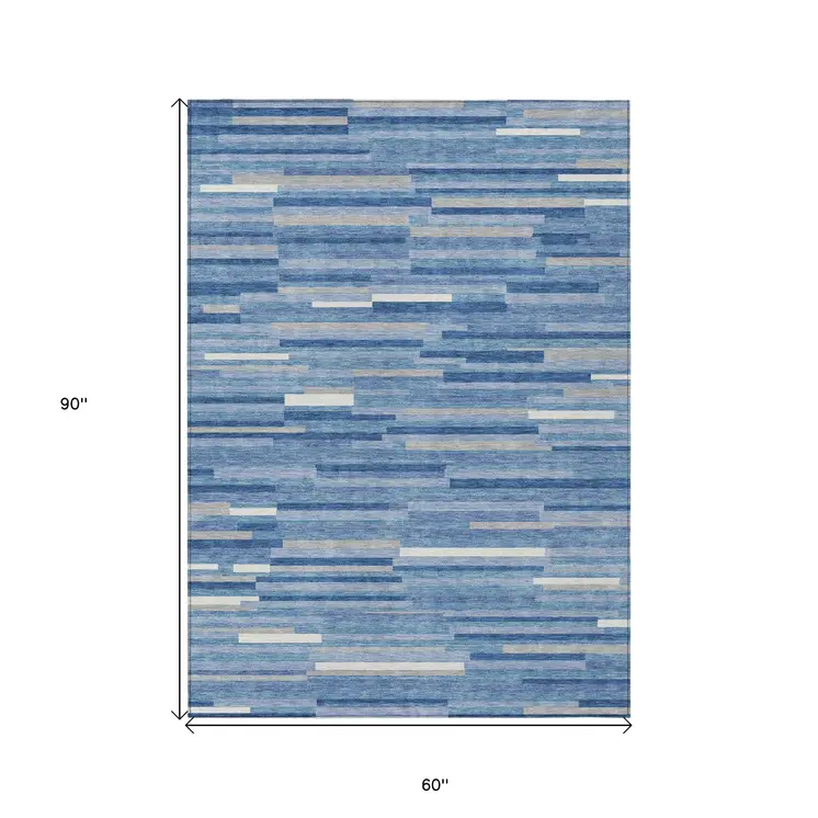 5' X 8' Sky Blue Gray And Ivory Striped Washable Indoor Outdoor Area Rug