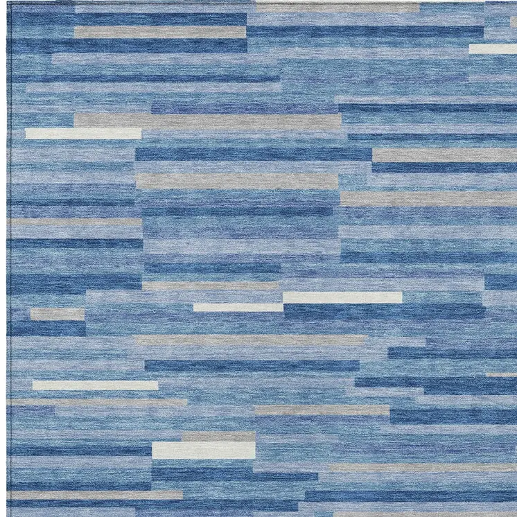 5' X 8' Sky Blue Gray And Ivory Striped Washable Indoor Outdoor Area Rug