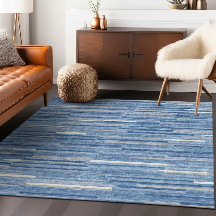 5' X 8' Sky Blue Gray And Ivory Striped Washable Indoor Outdoor Area Rug