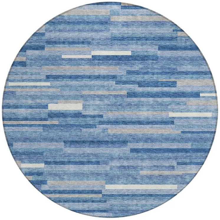 8' Sky Blue Gray And Ivory Round Striped Washable Indoor Outdoor Area Rug