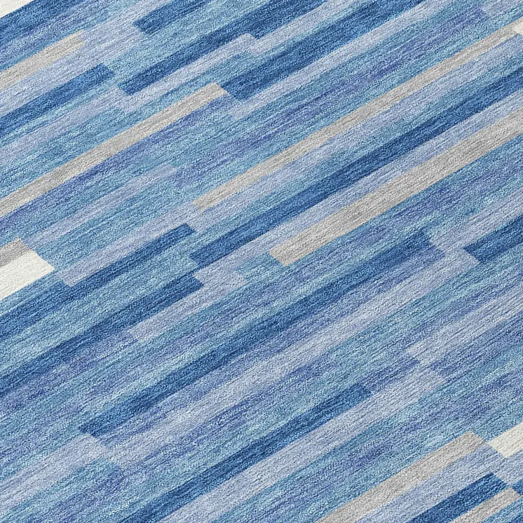 8' Sky Blue Gray And Ivory Round Striped Washable Indoor Outdoor Area Rug