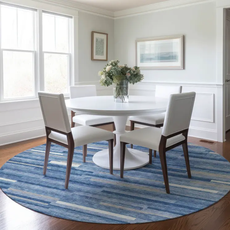 8' Sky Blue Gray And Ivory Round Striped Washable Indoor Outdoor Area Rug