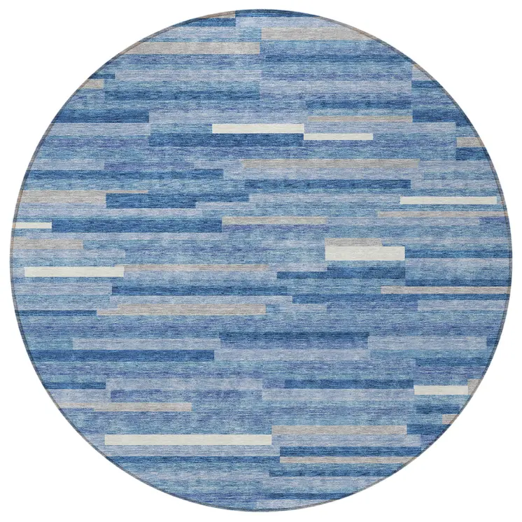 8' Sky Blue Gray And Ivory Round Striped Washable Indoor Outdoor Area Rug
