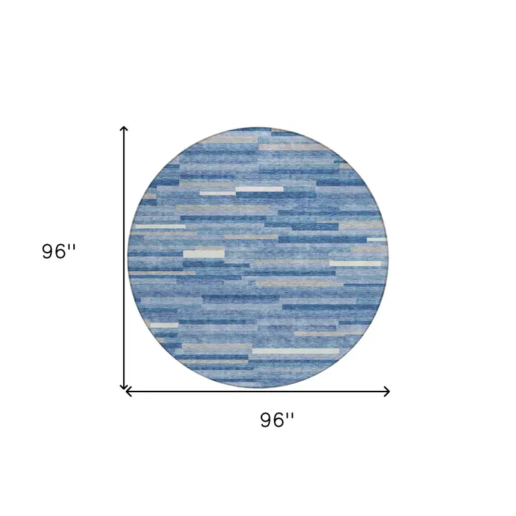 8' Sky Blue Gray And Ivory Round Striped Washable Indoor Outdoor Area Rug