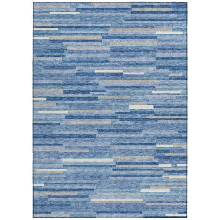8' X 10' Sky Blue Gray And Ivory Striped Washable Indoor Outdoor Area Rug