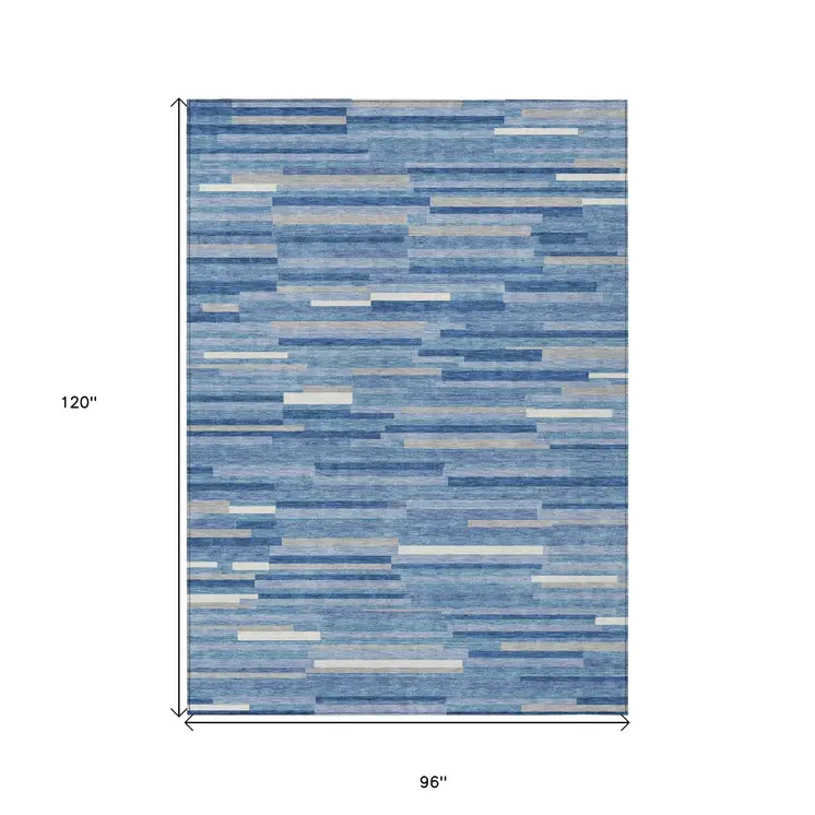 8' X 10' Sky Blue Gray And Ivory Striped Washable Indoor Outdoor Area Rug