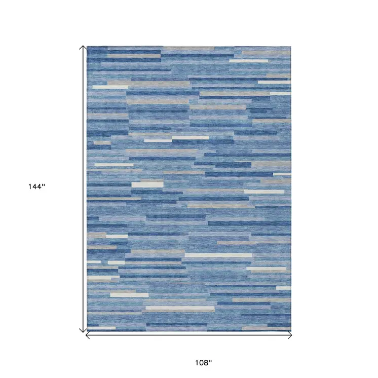 9' X 12' Sky Blue Gray And Ivory Striped Washable Indoor Outdoor Area Rug
