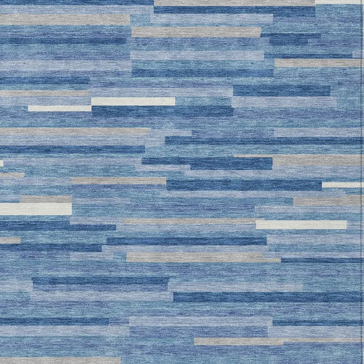 9' X 12' Sky Blue Gray And Ivory Striped Washable Indoor Outdoor Area Rug
