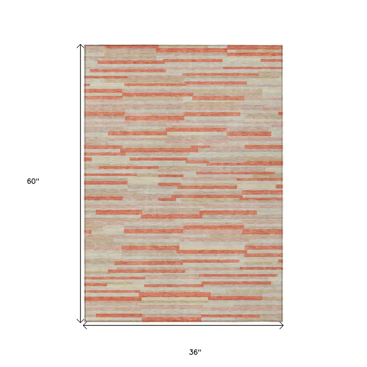 3' X 5' Salmon Gray And Beige Striped Washable Indoor Outdoor Area Rug