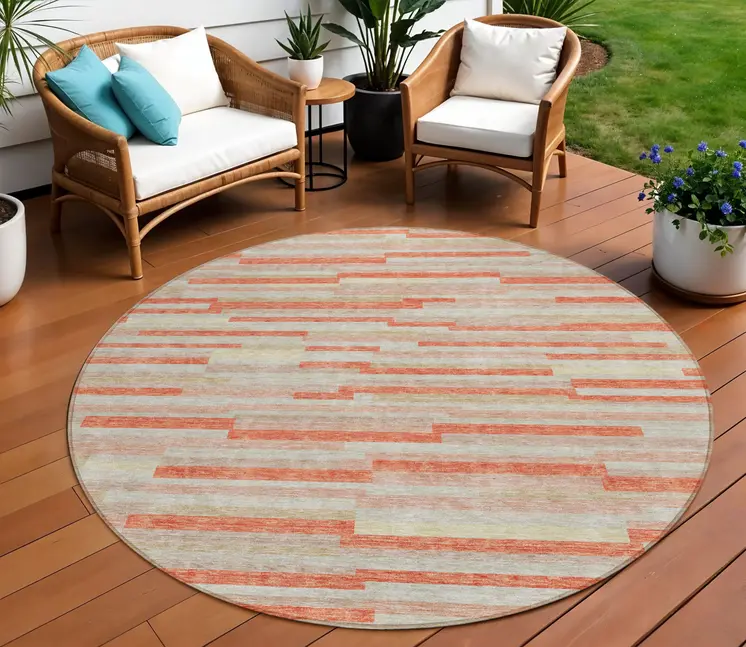 8' Salmon Gray And Beige Round Striped Washable Indoor Outdoor Area Rug