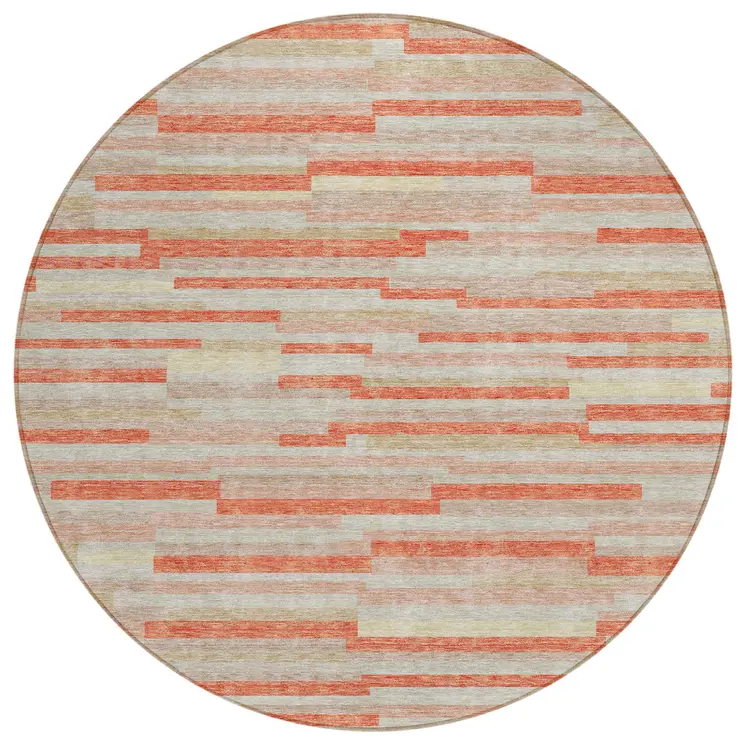 8' Salmon Gray And Beige Round Striped Washable Indoor Outdoor Area Rug