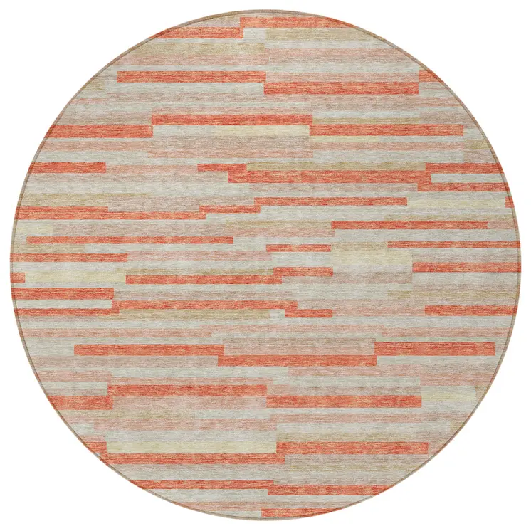 8' Salmon Gray And Beige Round Striped Washable Indoor Outdoor Area Rug
