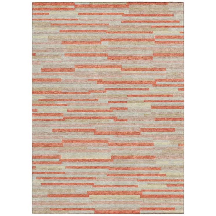 8' X 10' Salmon Gray And Beige Striped Washable Indoor Outdoor Area Rug