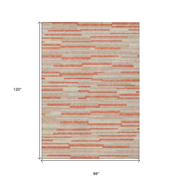 8' X 10' Salmon Gray And Beige Striped Washable Indoor Outdoor Area Rug