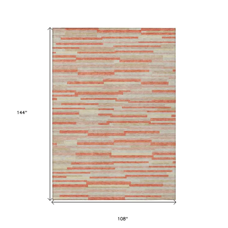 9' X 12' Salmon Gray And Beige Striped Washable Indoor Outdoor Area Rug