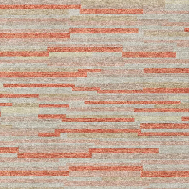 9' X 12' Salmon Gray And Beige Striped Washable Indoor Outdoor Area Rug
