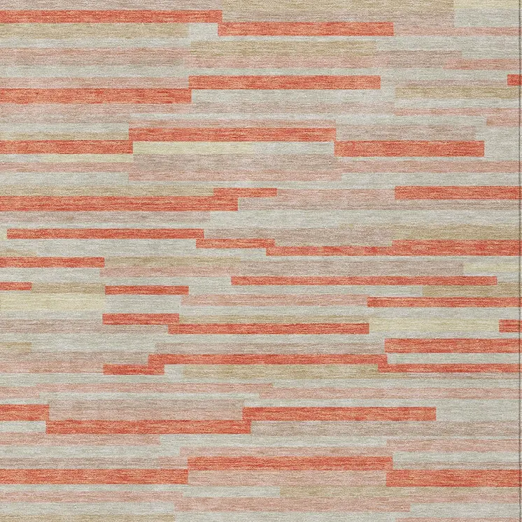 10' X 14' Salmon Gray And Beige Striped Washable Indoor Outdoor Area Rug
