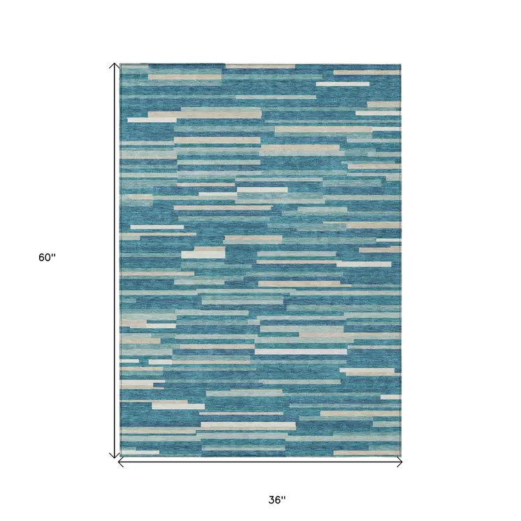 3' X 5' Teal Blue And Ivory Striped Washable Indoor Outdoor Area Rug