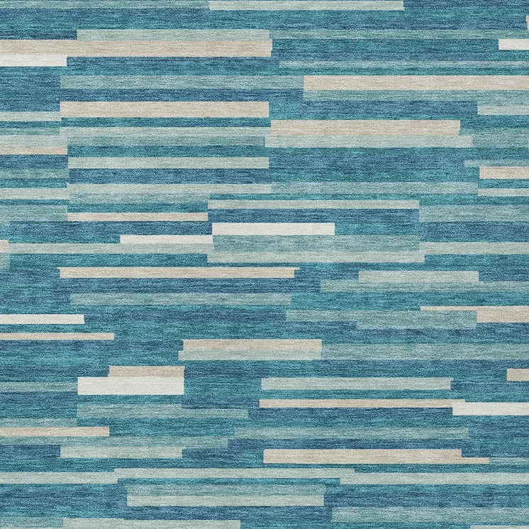 3' X 5' Teal Blue And Ivory Striped Washable Indoor Outdoor Area Rug