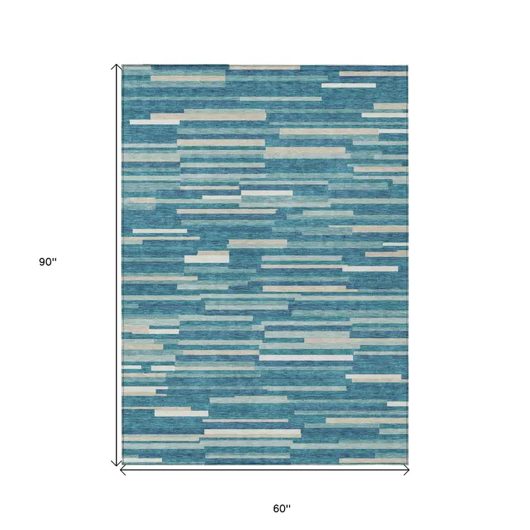 5' X 8' Teal Blue And Ivory Striped Washable Indoor Outdoor Area Rug