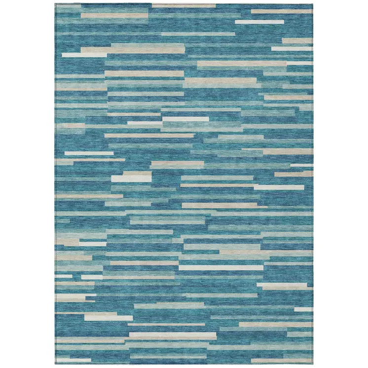 5' X 8' Teal Blue And Ivory Striped Washable Indoor Outdoor Area Rug