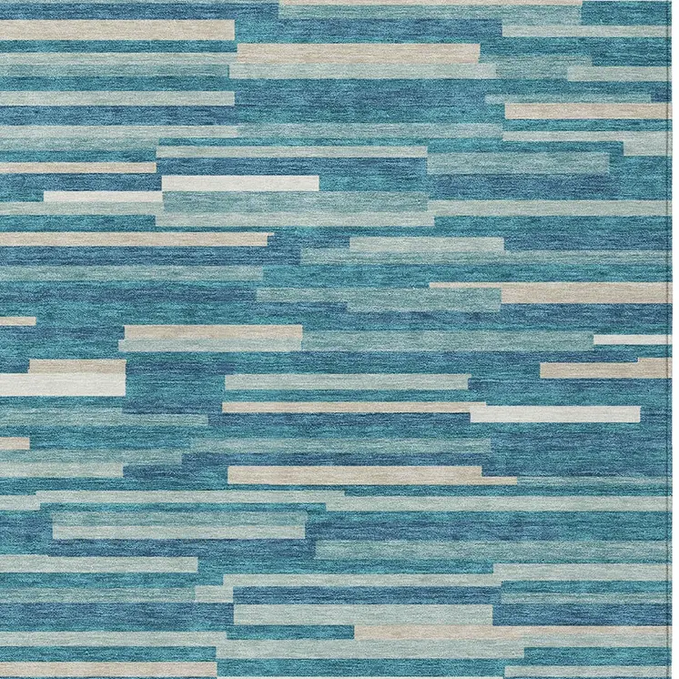5' X 8' Teal Blue And Ivory Striped Washable Indoor Outdoor Area Rug