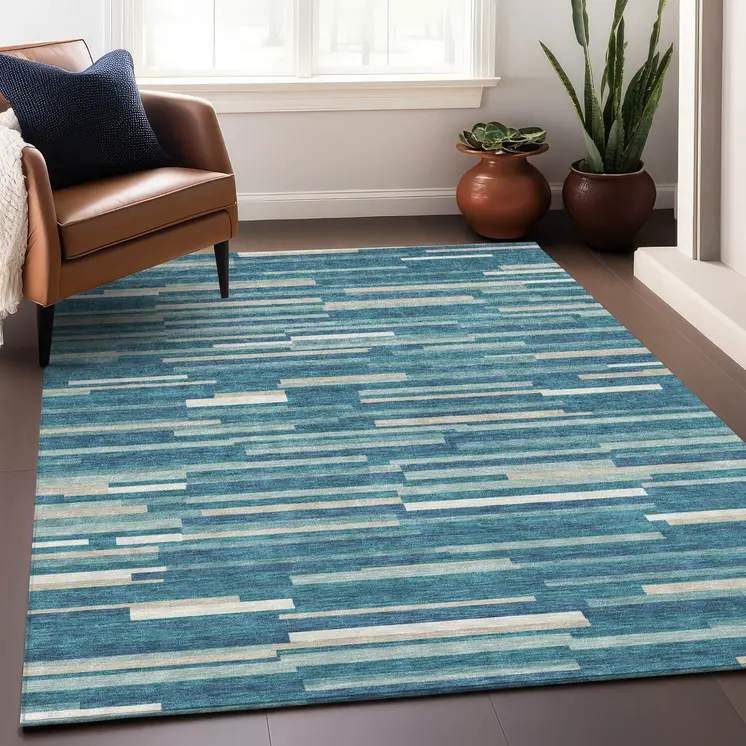 5' X 8' Teal Blue And Ivory Striped Washable Indoor Outdoor Area Rug