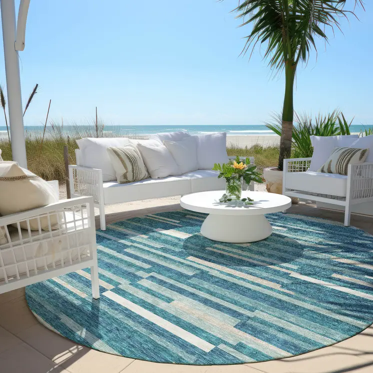 8' Teal Blue And Ivory Round Striped Washable Indoor Outdoor Area Rug