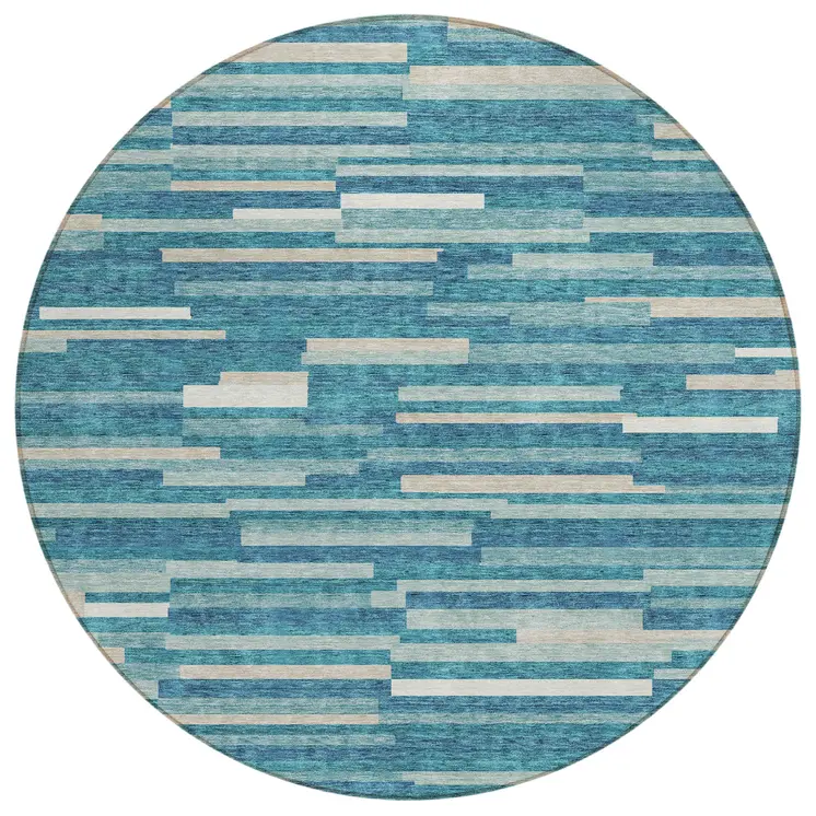 8' Teal Blue And Ivory Round Striped Washable Indoor Outdoor Area Rug