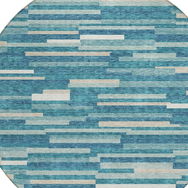8' Teal Blue And Ivory Round Striped Washable Indoor Outdoor Area Rug