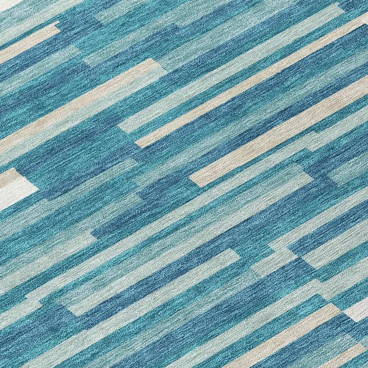 8' Teal Blue And Ivory Round Striped Washable Indoor Outdoor Area Rug