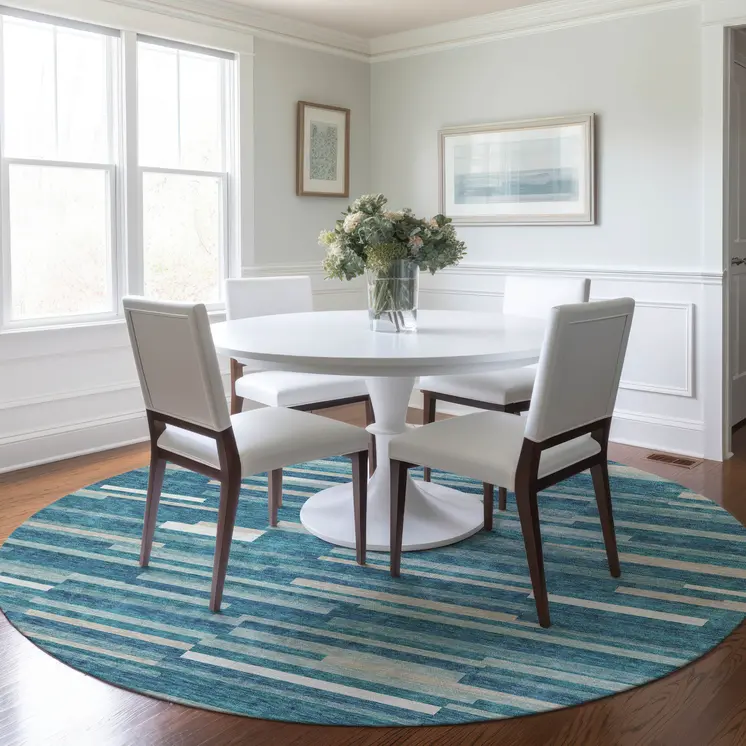 8' Teal Blue And Ivory Round Striped Washable Indoor Outdoor Area Rug