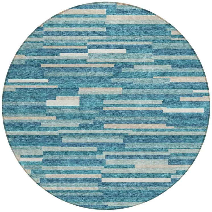 8' Teal Blue And Ivory Round Striped Washable Indoor Outdoor Area Rug