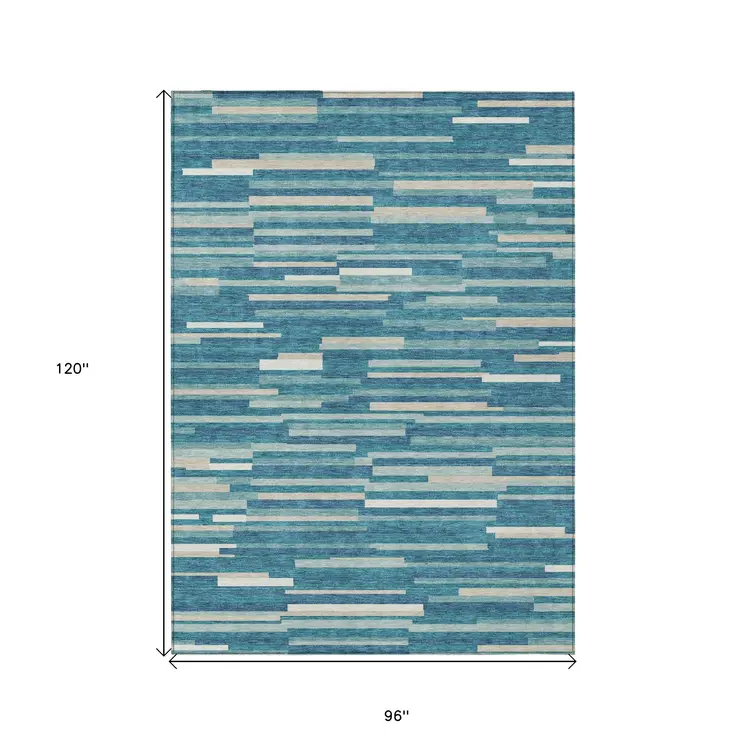 8' X 10' Teal Blue And Ivory Striped Washable Indoor Outdoor Area Rug