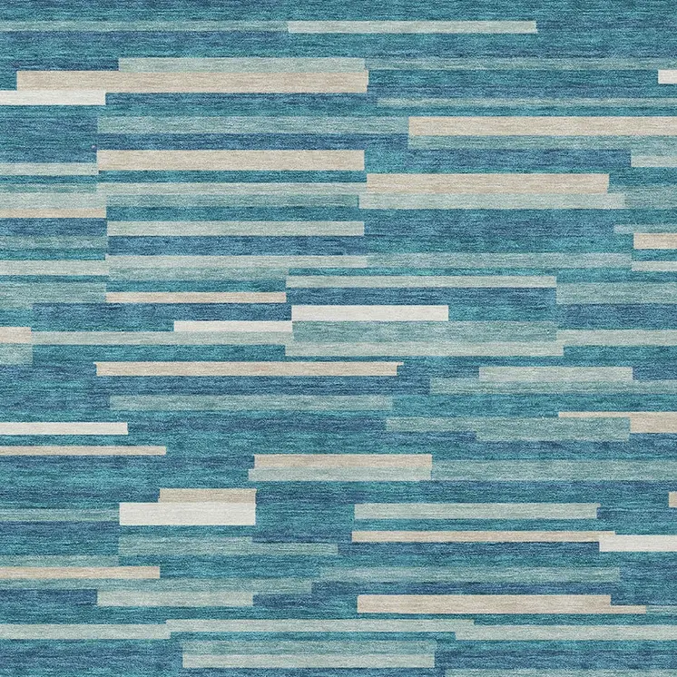 8' X 10' Teal Blue And Ivory Striped Washable Indoor Outdoor Area Rug