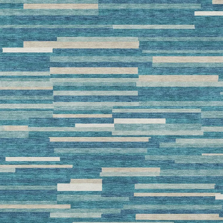 9' X 12' Teal Blue And Ivory Striped Washable Indoor Outdoor Area Rug