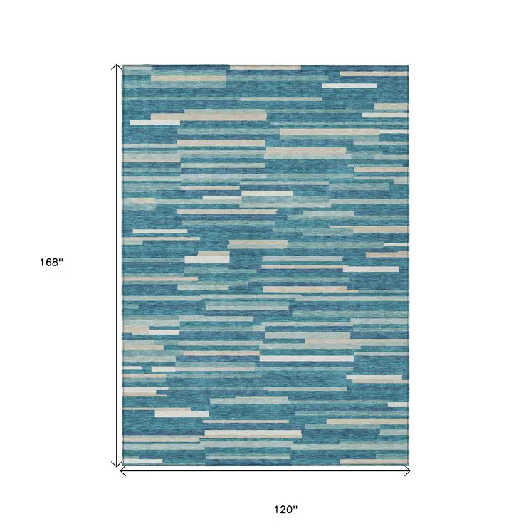 10' X 14' Teal Blue And Ivory Striped Washable Indoor Outdoor Area Rug