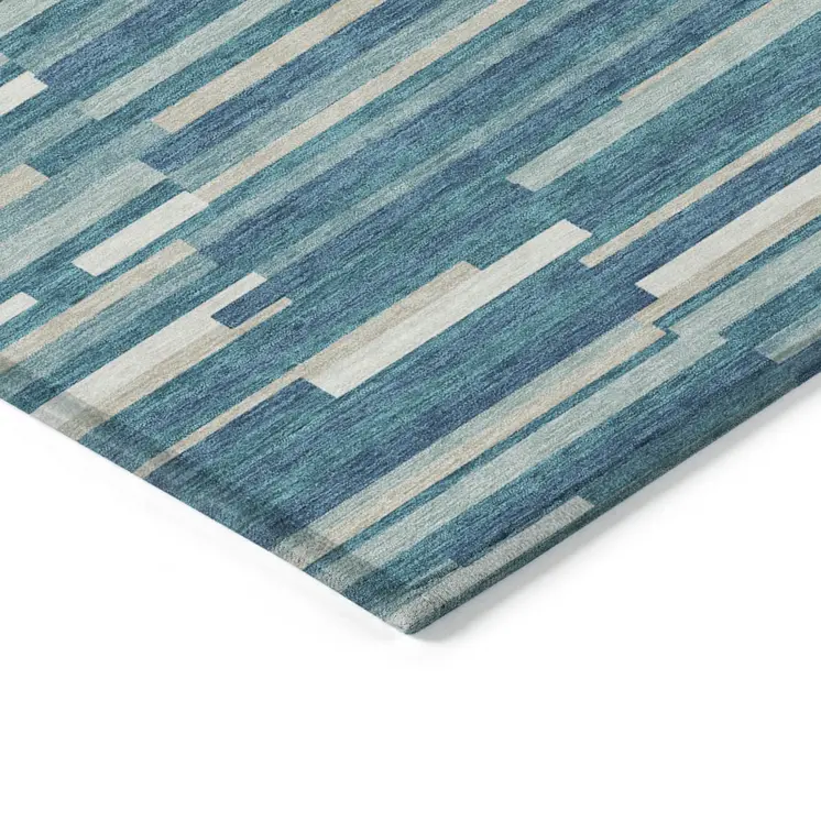 10' X 14' Teal Blue And Ivory Striped Washable Indoor Outdoor Area Rug