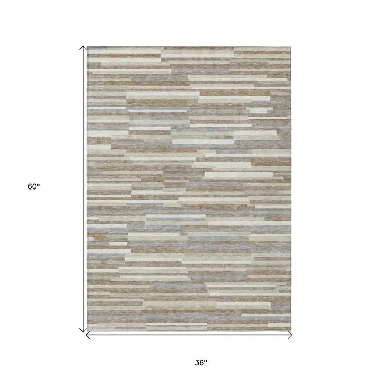 3' X 5' Taupe Gray And Ivory Striped Washable Indoor Outdoor Area Rug