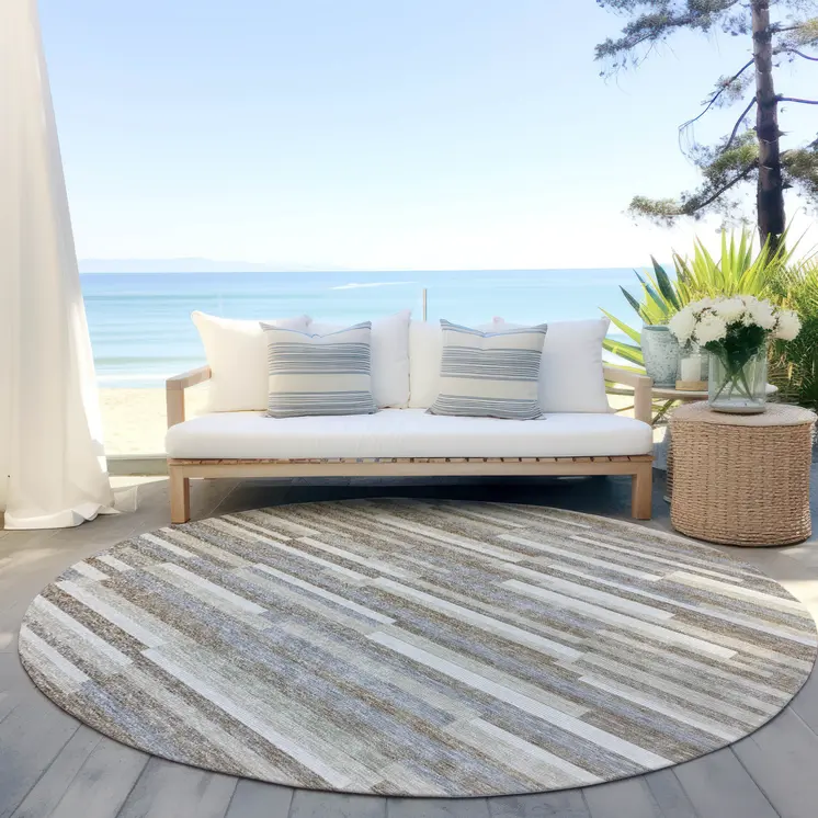8' Taupe Gray And Ivory Round Striped Washable Indoor Outdoor Area Rug