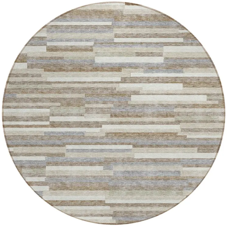 8' Taupe Gray And Ivory Round Striped Washable Indoor Outdoor Area Rug
