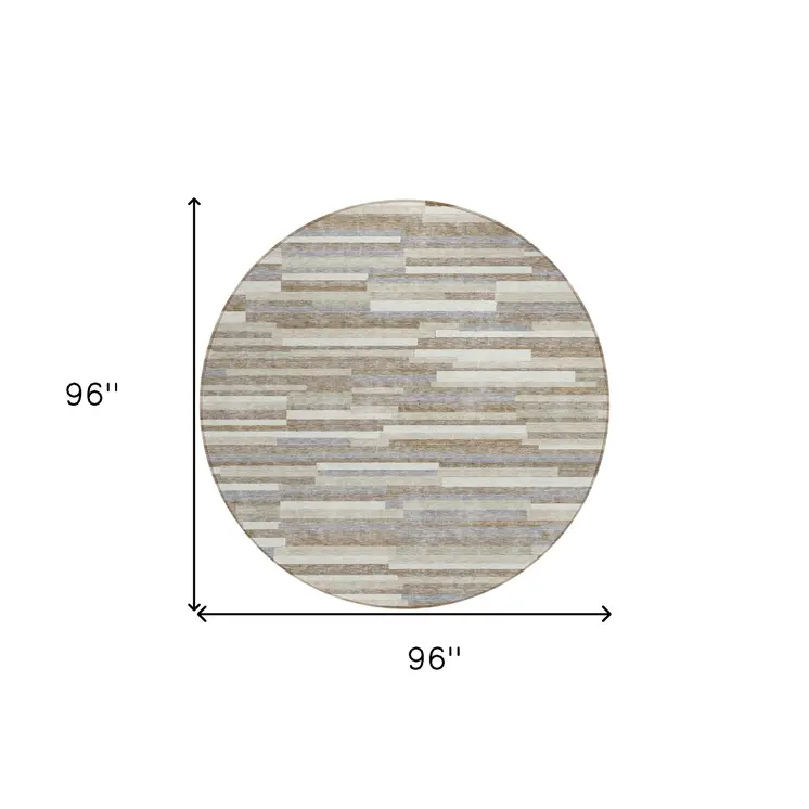 8' Taupe Gray And Ivory Round Striped Washable Indoor Outdoor Area Rug